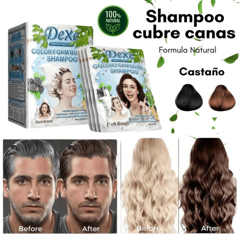 Image of SHAMPOO CUBRE CANAS DEXE COLOR CASTAÑO Y NEGRO (10 Sachets) + peine gratis para teñir+ 20 GUANTES